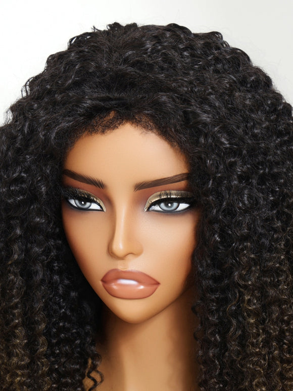 Klaiyi Flip Over 3/4 Half Wig Chestnut Brown Ombre Kinky Curly Put On and Go Glueless Beginner Friendly Wig Flash Sale
