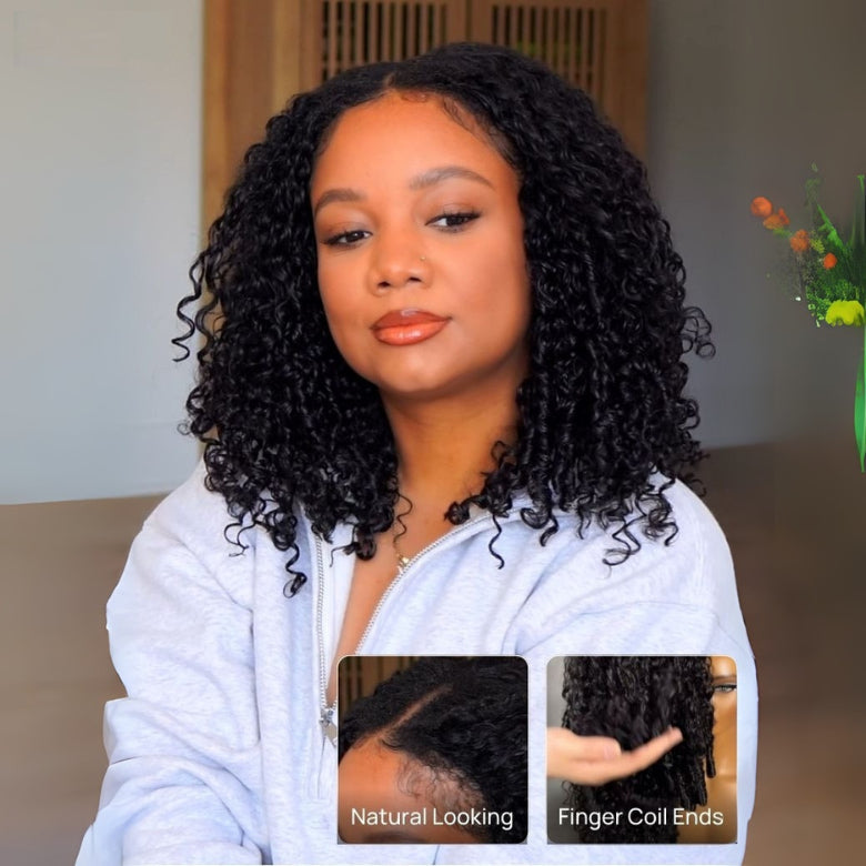 Klaiyi Hair InvisiBlend™ V part Wig Curly Hair with Finger Coil Ends Human Hair Wig
