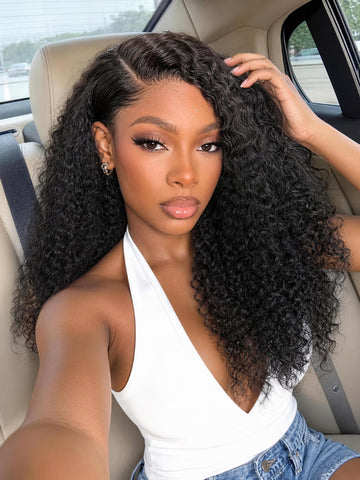 Klaiyi V-Part Kinky Curly Glueless Human Hair Wig Side Part Put On & Go Beginner Friendly