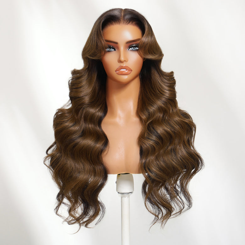 Klaiyi Dark Chocolate Brown 13x4 Pre-Everything Lace Frontal Wig Body Wave Lace Frontal Wig with Curtain Bangs & Layers