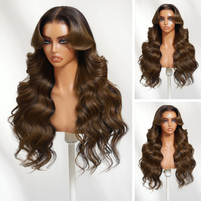 Klaiyi Dark Chocolate Brown 13x4 Pre-Everything Lace Frontal Wig Body Wave Lace Frontal Wig with Curtain Bangs & Layers