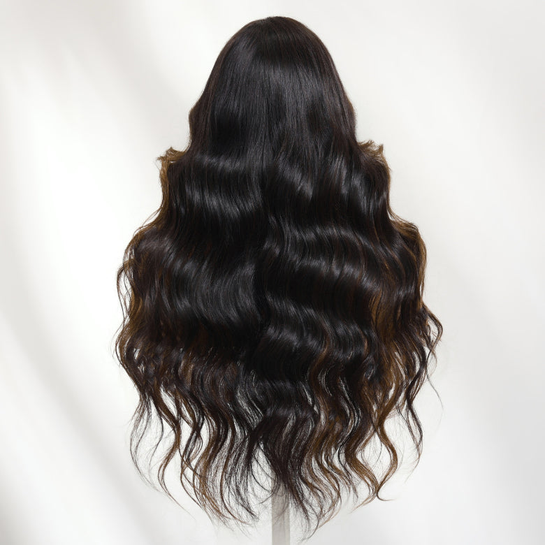 Klaiyi Dark Chocolate Brown 13x4 Pre-Everything Lace Frontal Wig Body Wave Lace Frontal Wig with Curtain Bangs & Layers