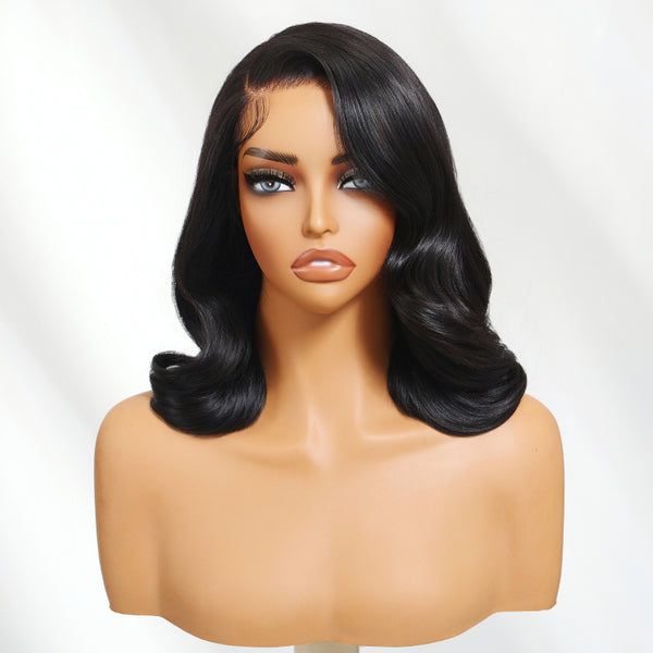 Klaiyi 13×4 Retro Shoulder-Length Bob Hollywood Waves Natural Black Wig Put On And Go Wig with Drawstring
