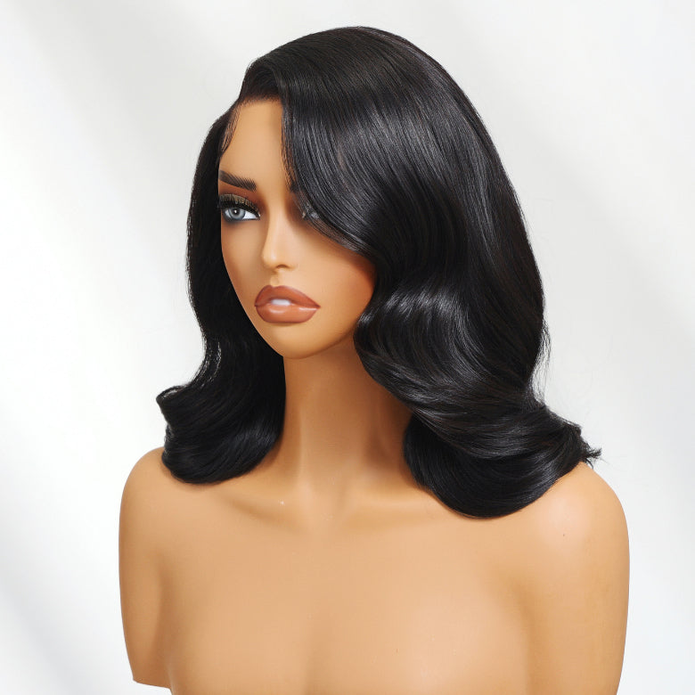 Klaiyi 13×4 Retro Shoulder-Length Bob Hollywood Waves Natural Black Wig Put On And Go Wig with Drawstring