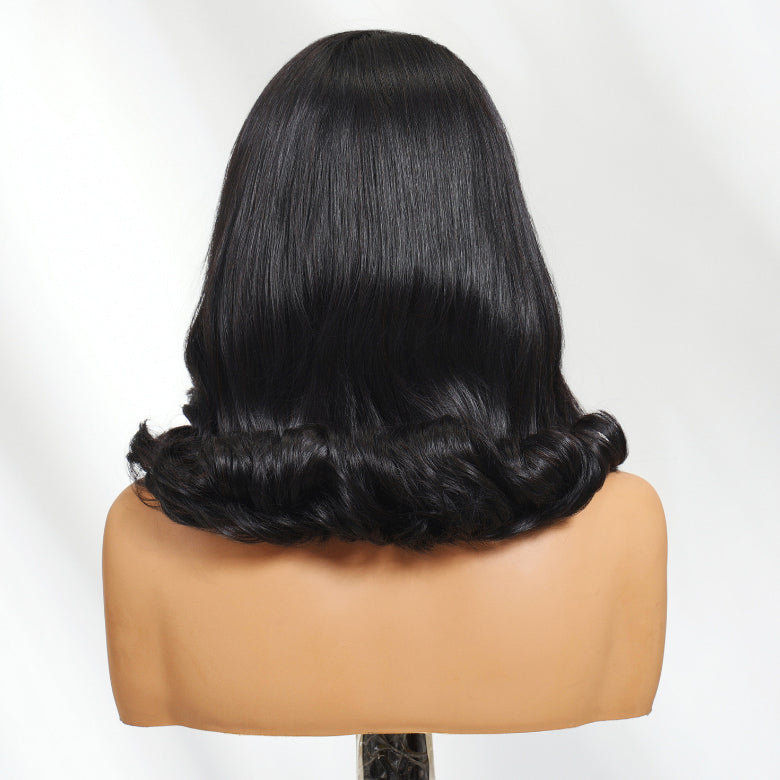 Klaiyi 13×4 Retro Shoulder-Length Bob Hollywood Waves Natural Black Wig Put On And Go Wig with Drawstring
