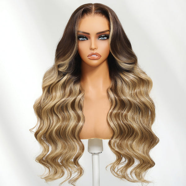 Klaiyi 13×4 Honey Blonde Balayage Body Wave Wig with Chestnut Brown Root Face-Framing Layers Lace Frontal Wig with Invisi-Drawstring