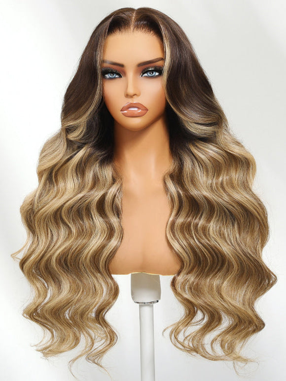 Klaiyi 13×4 Honey Blonde Balayage Body Wave Wig with Chestnut Brown Root Face-Framing Layers Lace Frontal Wig with Invisi-Drawstring