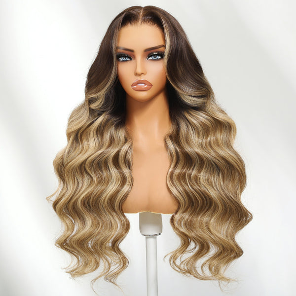 Klaiyi 13×4 Honey Blonde Balayage Body Wave Wig with Chestnut Brown Root Face-Framing Layers Lace Frontal Wig with Invisi-Drawstring