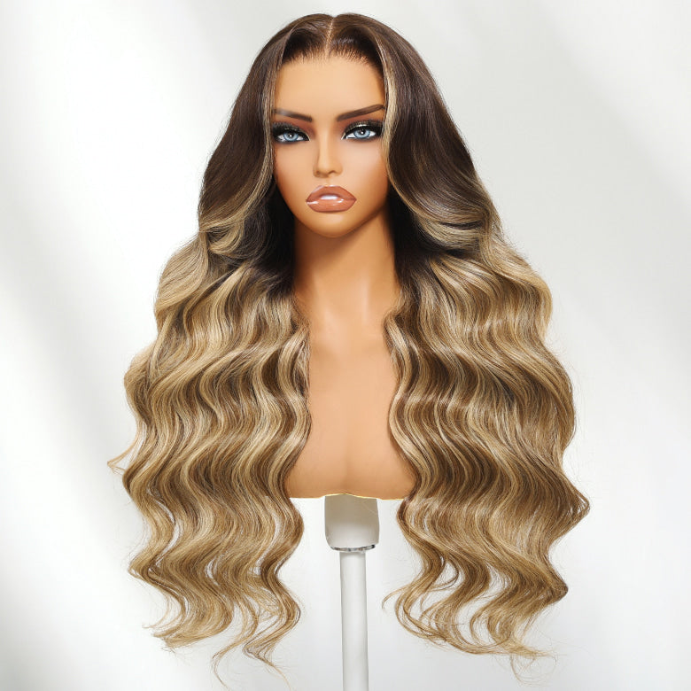 Klaiyi 13×4 Honey Blonde Balayage Body Wave Wig with Chestnut Brown Root Face-Framing Layers Lace Frontal Wig with Invisi-Drawstring