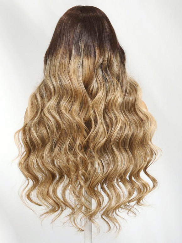 Klaiyi 13×4 Honey Blonde Balayage Body Wave Wig with Chestnut Brown Root Face-Framing Layers Lace Frontal Wig with Invisi-Drawstring