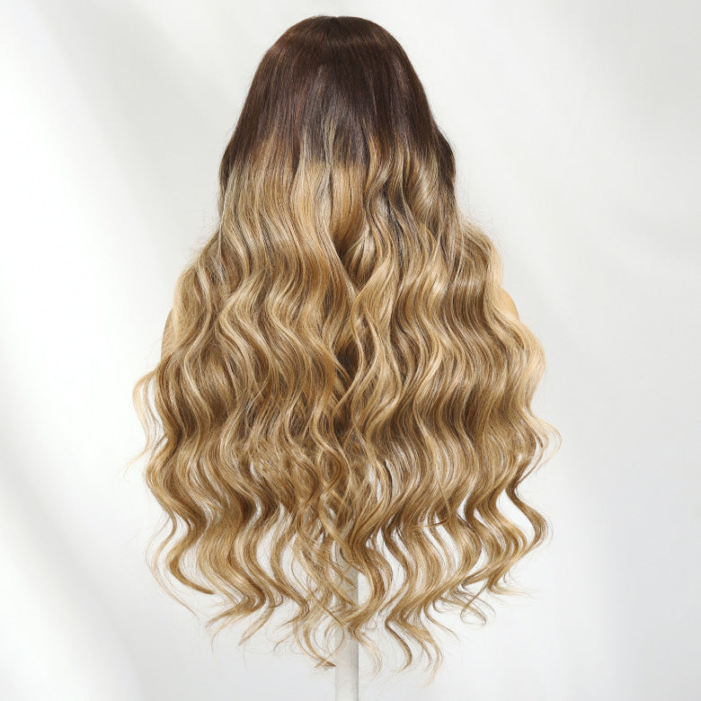 Klaiyi 13×4 Honey Blonde Balayage Body Wave Wig with Chestnut Brown Root Face-Framing Layers Lace Frontal Wig with Invisi-Drawstring