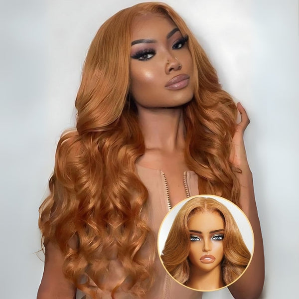 Klaiyi Honey Brown Body Wave Wig 13x4 Pre-Everything Lace Frontal Put on and Go Glueless Human Hair Wig with Inivi-Drawstring
