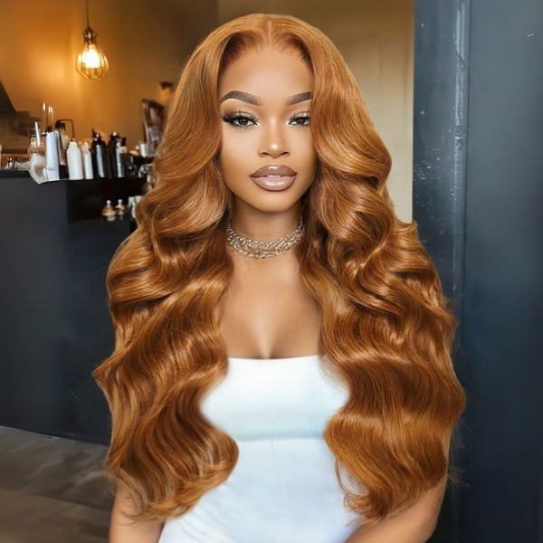 Klaiyi Honey Brown Body Wave Wig 13x4 Pre-Everything Lace Frontal Put on and Go Glueless Human Hair Wig with Inivi-Drawstring