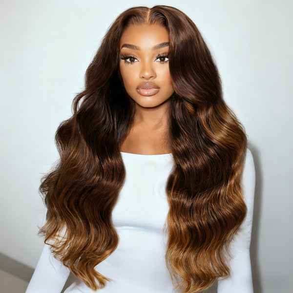 Klaiyi  3-Tone Brown Ombre with Golden Ends 13x4 Pre Everything Body Wave Lace Front Wig With Invisible Drawstring