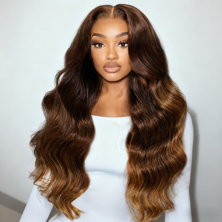 Klaiyi  3-Tone Brown Ombre with Golden Ends 13x4 Pre Everything Body Wave Lace Front Wig With Invisible Drawstring