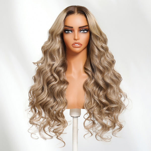 Klaiyi Smoky Beige Blonde With Root Melt 13×4 Pre Everything Body Wave Lace Frontal Wig Put On and Go With Invisi Drawstring