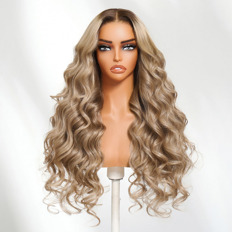 Klaiyi Smoky Beige Blonde With Root Melt 13×4 Pre Everything Body Wave Lace Frontal Wig Put On and Go With Invisi Drawstring