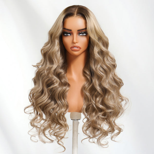 Klaiyi Smoky Beige Blonde With Root Melt 13×4 Pre Everything Body Wave Lace Frontal Wig Put On and Go With Invisi Drawstring