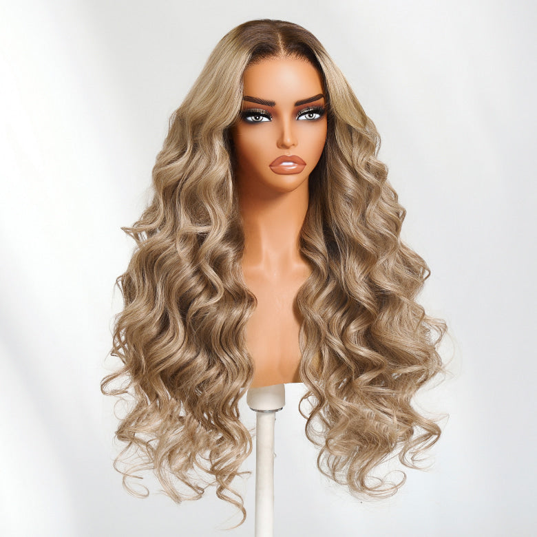 Klaiyi Smoky Beige Blonde With Root Melt 13×4 Pre Everything Body Wave Lace Frontal Wig Put On and Go With Invisi Drawstring