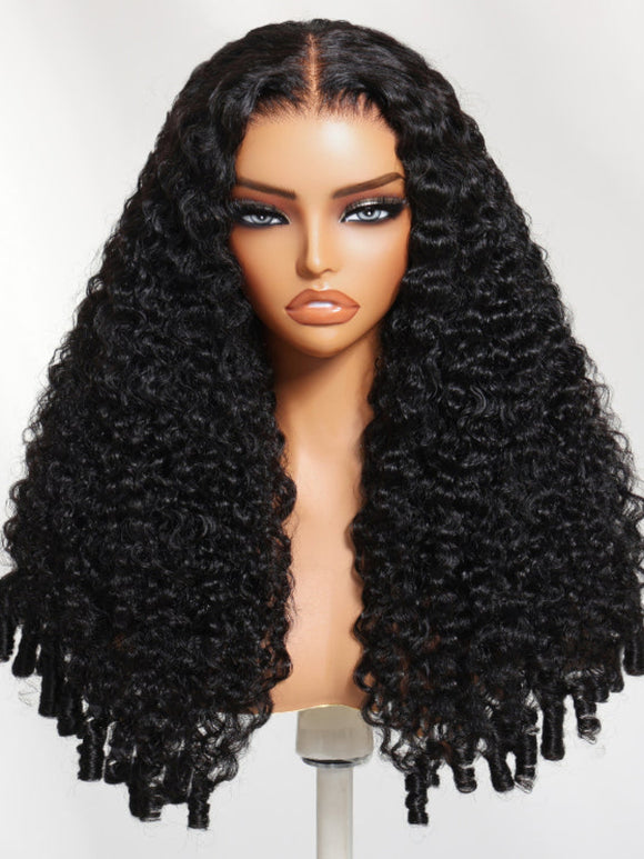 Perruque Klaiyi 13×4 bouclée birmane avec pointes frisées, facile à poser et à coiffer, en cheveux humains sans colle avec cordon de serrage invisible. 