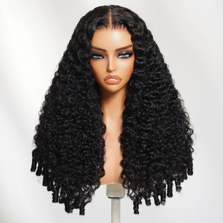 Klaiyi 13×4 Burmese Curly with Finger Coily Ends Put On And Go Human Hair Glueless Wig with Invisi Drawstring