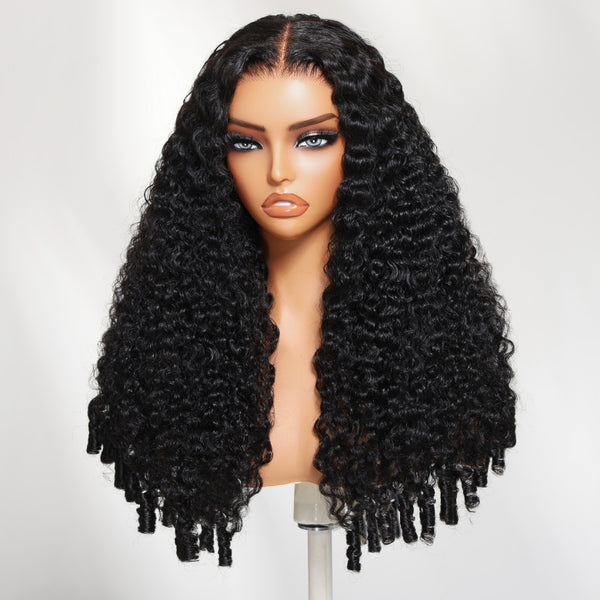 Klaiyi 13×4 Burmese Curly with Finger Coily Ends Put On And Go Human Hair Glueless Wig with Invisi Drawstring