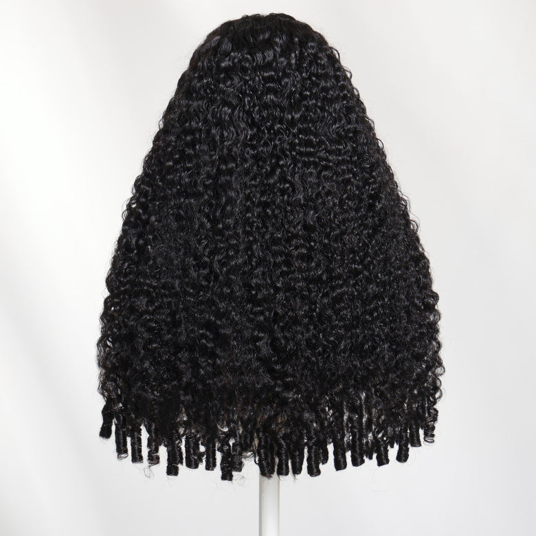 Klaiyi 13×4 Burmese Curly with Finger Coily Ends Put On And Go Human Hair Glueless Wig with Invisi Drawstring