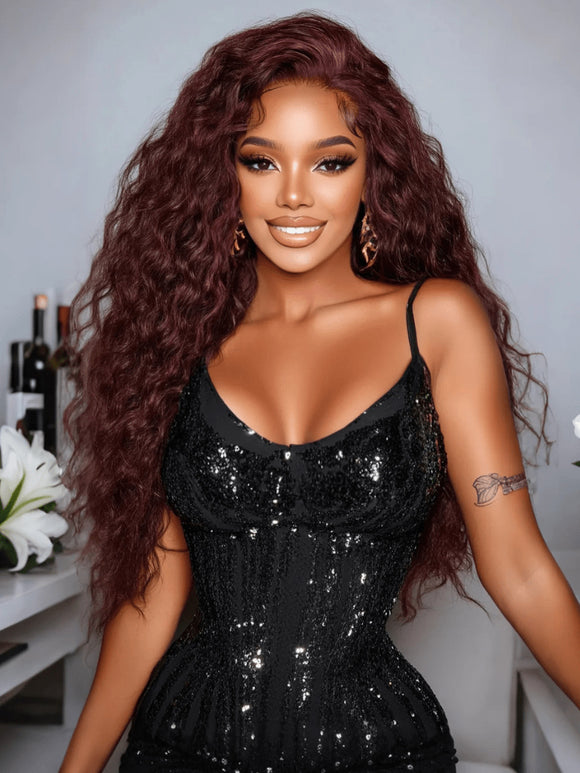 Klaiyi 13x4 Black Cherry Dark Burgundy Water Wave Pre Everything Lace Frontal Wig With Invisible Drawstring