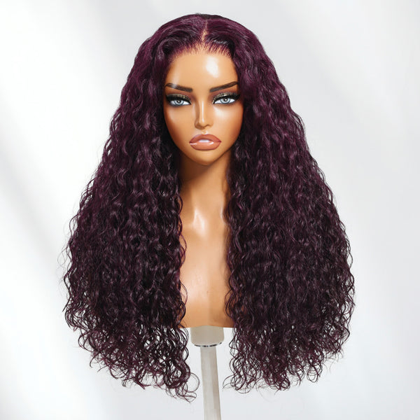 Klaiyi 13x4 Black Cherry Dark Burgundy Water Wave Pre Everything Lace Frontal Wig With Invisible Drawstring