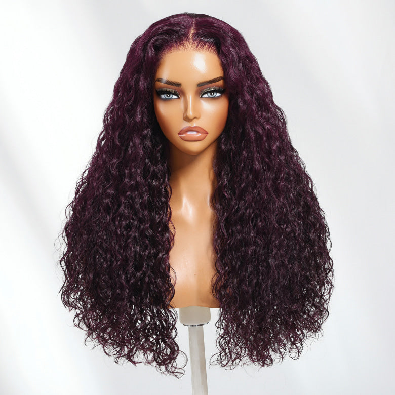 Klaiyi 13x4 Black Cherry Dark Burgundy Water Wave Pre Everything Lace Frontal Wig With Invisible Drawstring