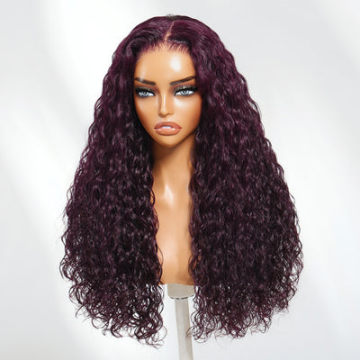 Klaiyi 13x4 Black Cherry Dark Burgundy Water Wave Pre Everything Lace Frontal Wig With Invisible Drawstring
