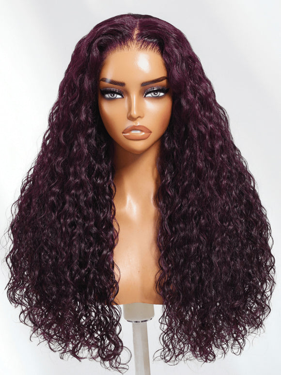 Klaiyi 13x4 Black Cherry Dark Burgundy Water Wave Pre Everything Lace Frontal Wig With Invisible Drawstring