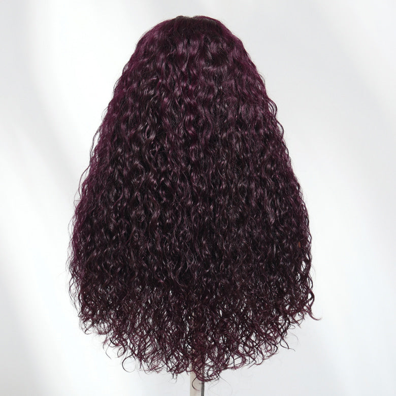 Klaiyi 13x4 Black Cherry Dark Burgundy Water Wave Pre Everything Lace Frontal Wig With Invisible Drawstring