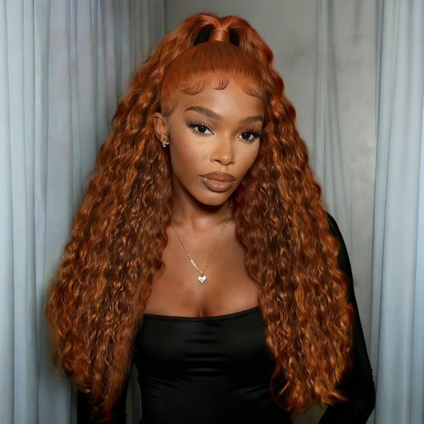 Klaiyi Copper Brown Side Part 13×4 Put On And Go Body Wave and Water Wave Glueless Wig With Invisible Drawstring