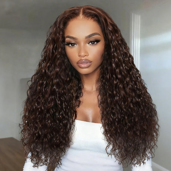 Klaiyi Chestnut Mocha Brown 13x4 Pre-Everything Lace Front Water Wave Wig Put on and Go Glueless Wig