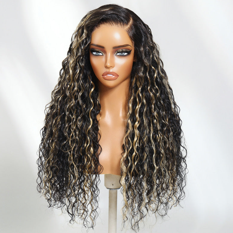 Klaiyi 13×4 Natural Black with Caramel Highlights Water Wave Pre Everything Wig With Invisible Drawstring