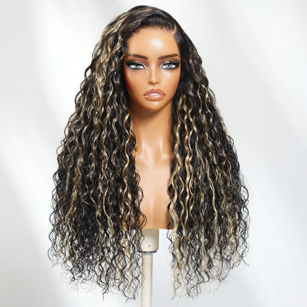Klaiyi 13×4 Natural Black with Caramel Highlights Water Wave Pre Everything Wig With Invisible Drawstring