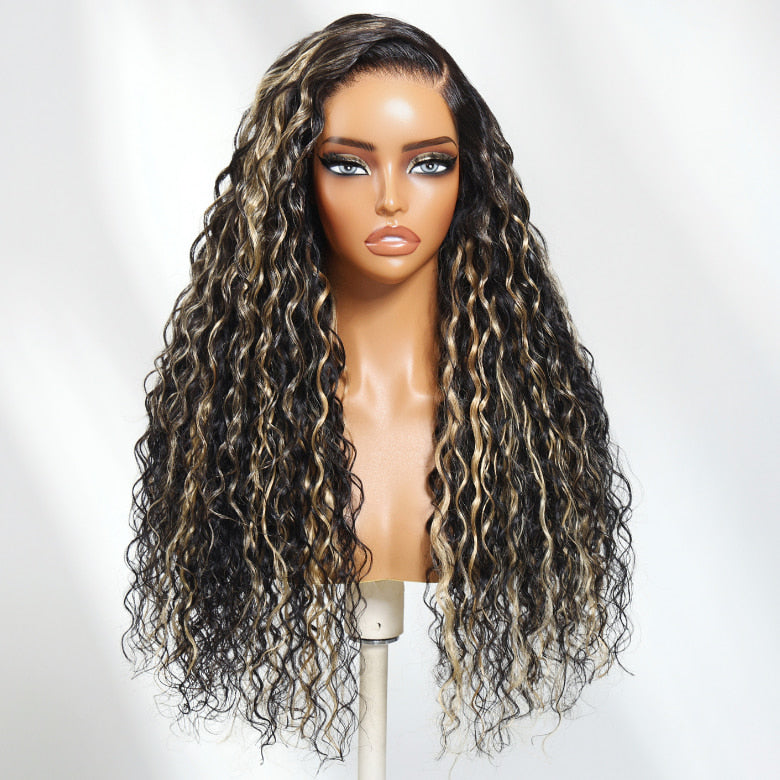 Klaiyi 13×4 Natural Black with Caramel Highlights Water Wave Pre Everything Wig With Invisible Drawstring