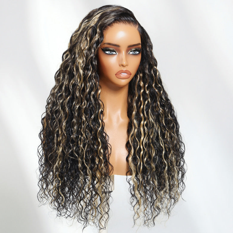 Klaiyi 13×4 Natural Black with Caramel Highlights Water Wave Pre Everything Wig With Invisible Drawstring