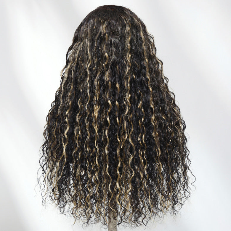 Klaiyi 13×4 Natural Black with Caramel Highlights Water Wave Pre Everything Wig With Invisible Drawstring