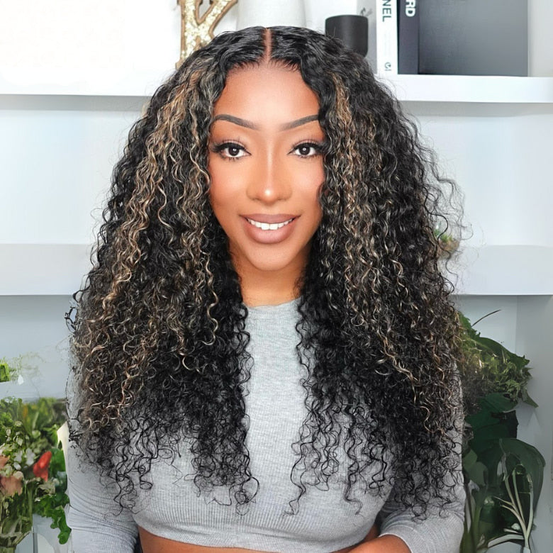 Klaiyi 13×4 Natural Black with Caramel Highlights Water Wave Pre Everything Wig With Invisible Drawstring