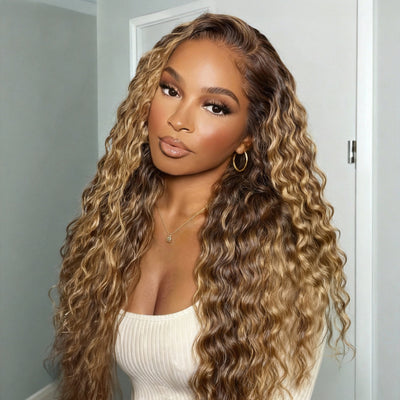 Klaiyi 13x4 Honey Blonde Highlights Water Wave Glueless Put On And Go Wig with Invisi Drawstring