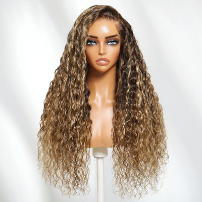 Klaiyi 13x4 Honey Blonde Highlights Water Wave Glueless Put On And Go Wig with Invisi Drawstring