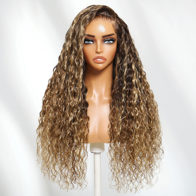 Klaiyi 13x4 Honey Blonde Highlights Water Wave Glueless Put On And Go Wig with Invisi Drawstring