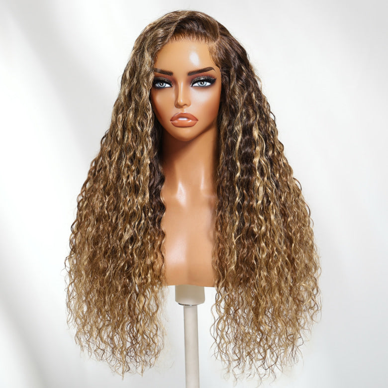 Klaiyi 13x4 Honey Blonde Highlights Water Wave Glueless Put On And Go Wig with Invisi Drawstring