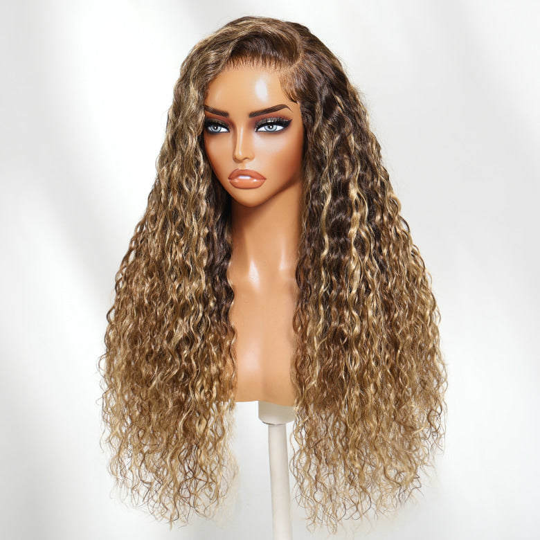 Klaiyi 13x4 Honey Blonde Highlights Water Wave Glueless Put On And Go Wig with Invisi Drawstring
