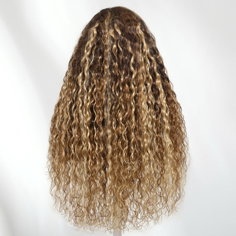Klaiyi 13x4 Honey Blonde Highlights Water Wave Glueless Put On And Go Wig with Invisi Drawstring