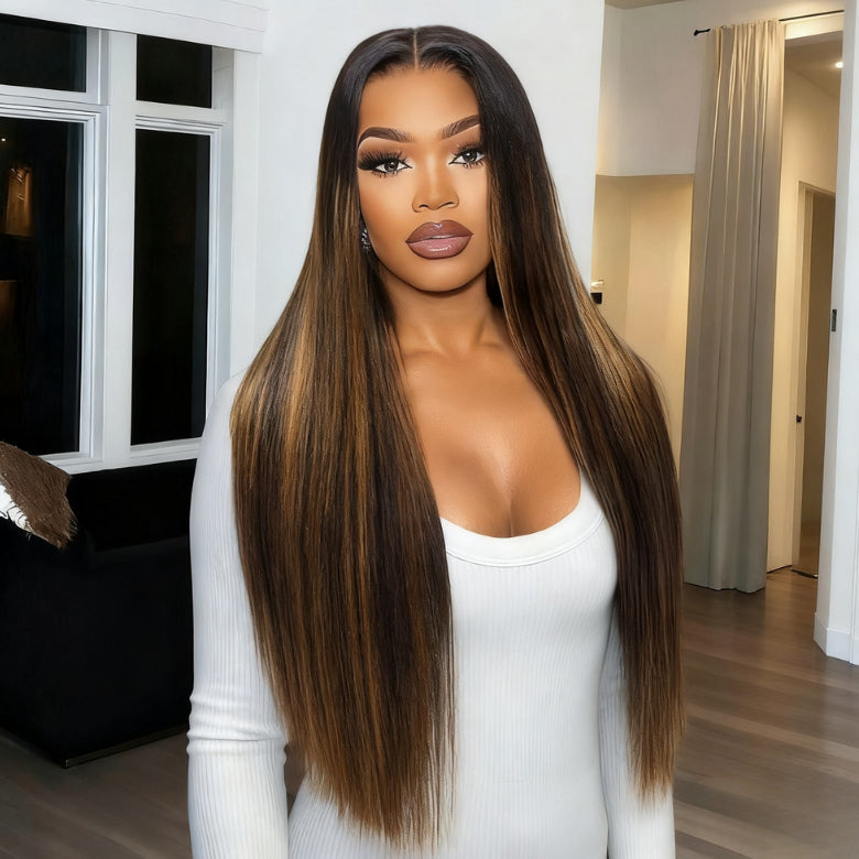 Klaiyi 13×4 Yaki Straight Balayage Highlight Lace Front Wig Put on and Go with Invisible Drawstring Human Hair Wigs