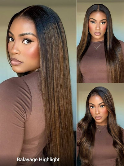 Perruque Klaiyi 13×4 Yaki Straight Balayage Highlight Lace Front, facile à poser grâce à son cordon de serrage invisible en cheveux humains. 