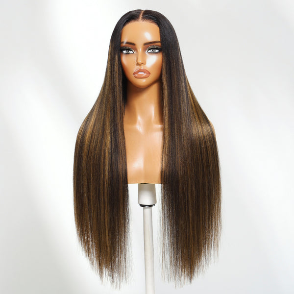 Klaiyi 13×4 Yaki Straight Balayage Highlight Lace Front Wig Put on and Go with Invisible Drawstring Human Hair Wigs
